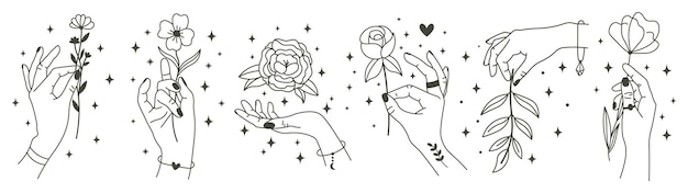 Magical hands holding flowers. Minimalist hands and flowers, abstract hand drawn floral.