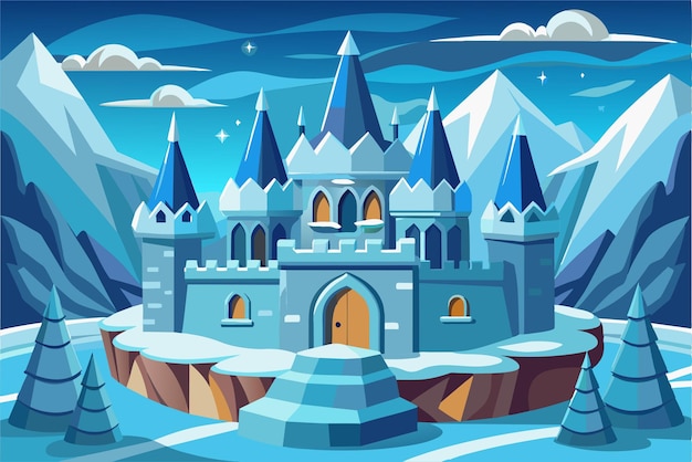 Vector a magical ice castle surrounded by snowy mountains and evergreen trees captures the winter spirit beautifully ice castle customizable cartoon illustration