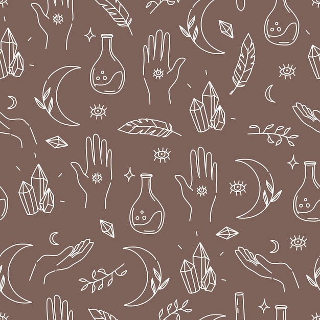 Magical magic elements pattern in linear hand drawn style