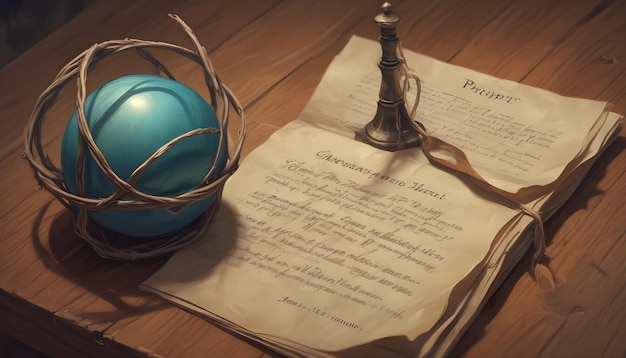 Vector a magical mystical scene with a blue orb nestled in a wicker cage accompanied by a silver scepter and an old handwritten book the scene is set on a wooden table with a warm inviting atmosphere