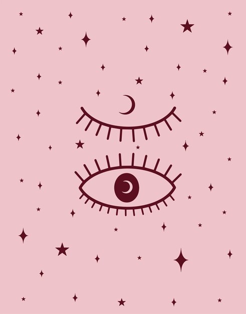 Magical pink illustration. Eyes with moon on the light pink background. Vector art