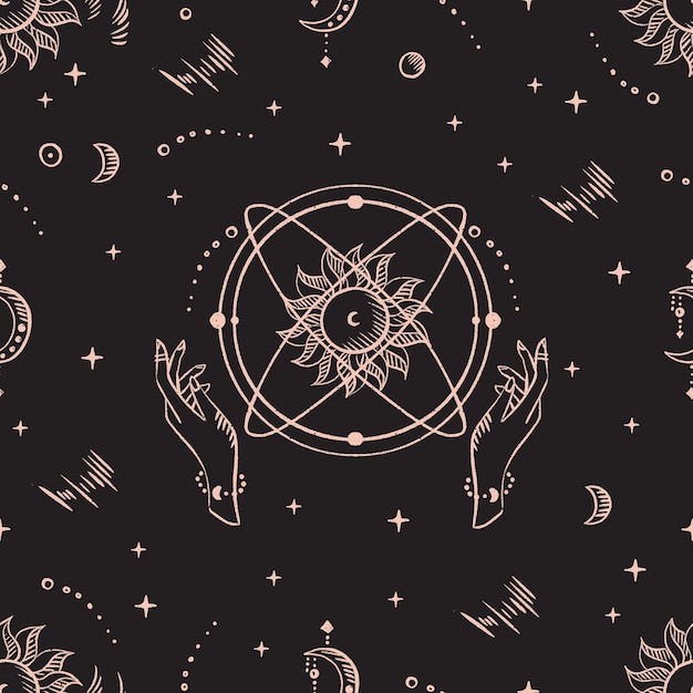 Magical seamless pattern with the sun stars moon Alchemical cosmos Celestial pattern