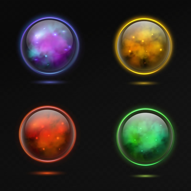 Magical sphere. Glass glowing 3d magic globe and shiny lightning and plasma, spiritual crystal orb, occult shine energy purple and yellow, red and green balls, colored realistic vector isolated set