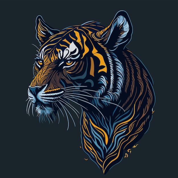 magical tiger head in dark background and fierce tiger tshirt design artwork created