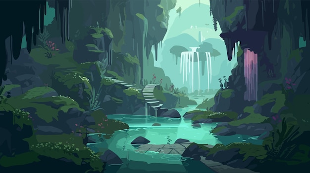 Magical underground wonderland with cascading waterfalls floating islands cartoon illustration