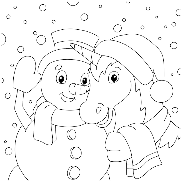 A magical unicorn and a snowman celebrate the new year together Coloring book page for kids