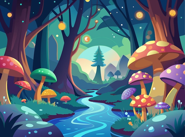 Vector a magical vector scene of a fairy tale forest with glowing mushrooms whimsical trees and a sparkling