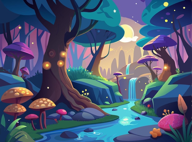 Vector a magical vector scene of a fairy tale forest with glowing mushrooms whimsical trees and a sparkling