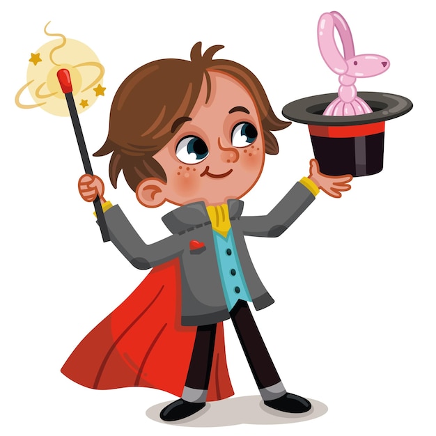 Magician boy pulling out a balloon rabbit from his hat using his wand