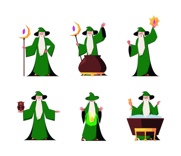 Magician character Fantasy old wizard with magic stuff medieval fabulous fairytale sorcerer man garish vector cartoon person