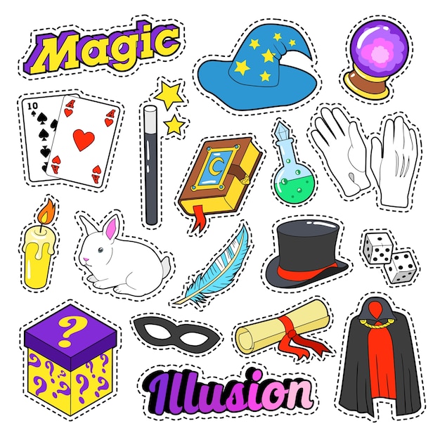 Magician Elements Set with Magic Wand, Mask and Cylinder for Stickers, Badges. Vector doodle