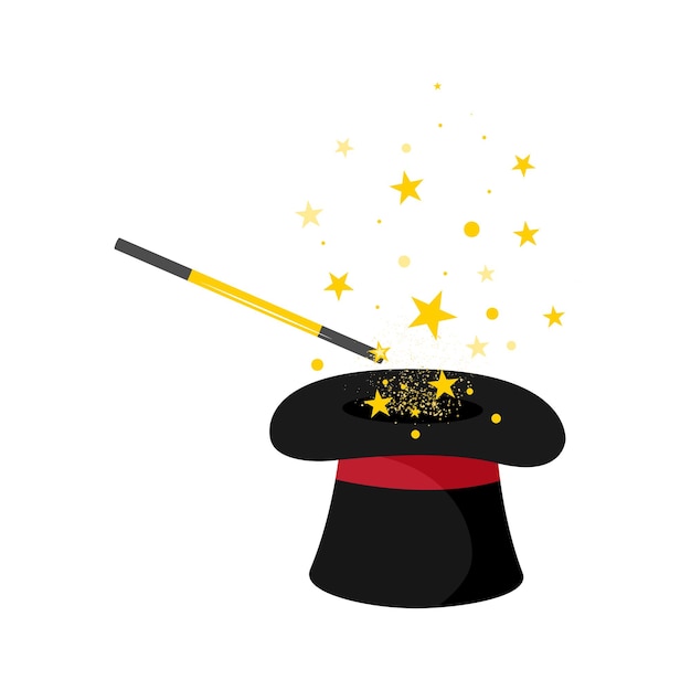 Magician hat and wand with stars