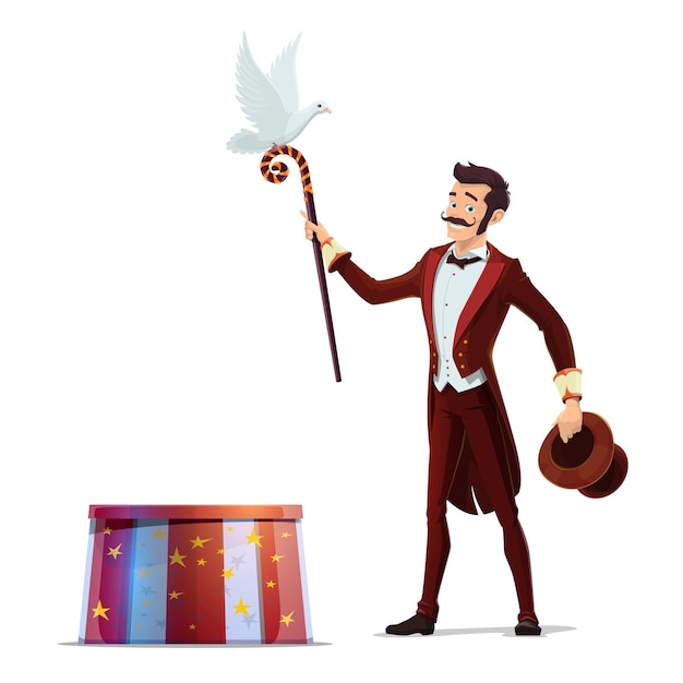 Magician or illusionist with hat magic wand dove