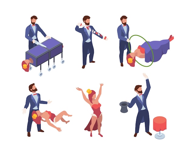 Magician isometric Circus show scenes with fairytale characters attractions for kids happy performers magicians gaudi garish vector illustrations set