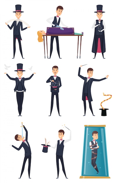 Vector magician. male performer showmen in black costume and white gloves magic tricks cartoon characters