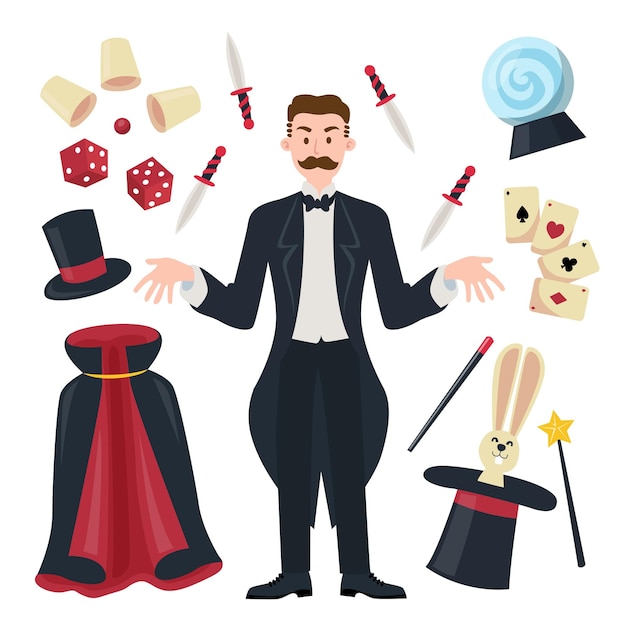 The magician man and professional equipment for show