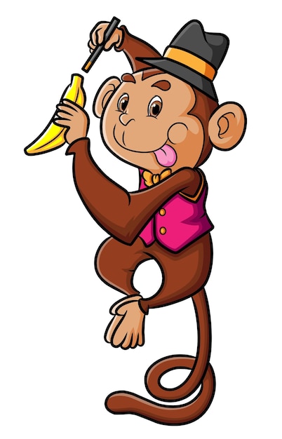 The magician monkey is changing the banana with magic stick