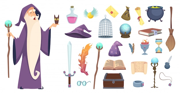 Magician tools. Wizard magic mystery broom potion witch hat and spell book  cartoon pictures