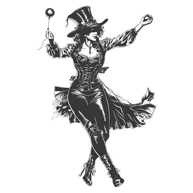 Magician woman in action with engraving style