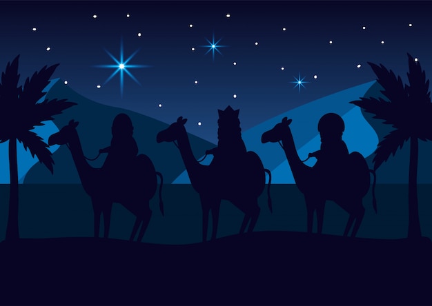 Magicians kings ride camels in the stars to epiphany