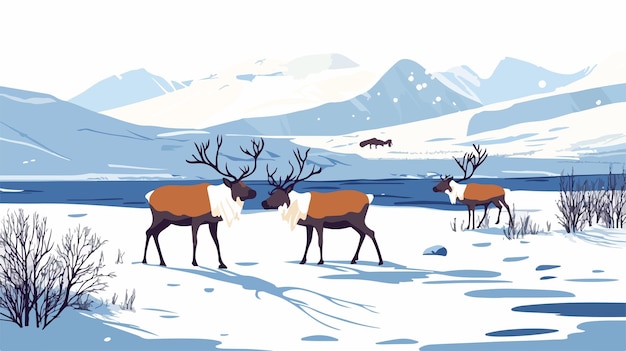 Vector magnificent aerial view of reindeer in snowy icelandic landscape