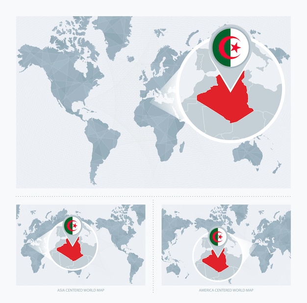 Vector magnified algeria over map of the world 3 versions of the world map with flag and map of algeria