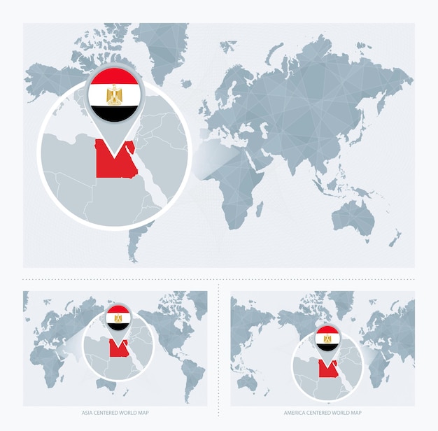 Magnified Egypt over Map of the World 3 versions of the World Map with flag and map of Egypt