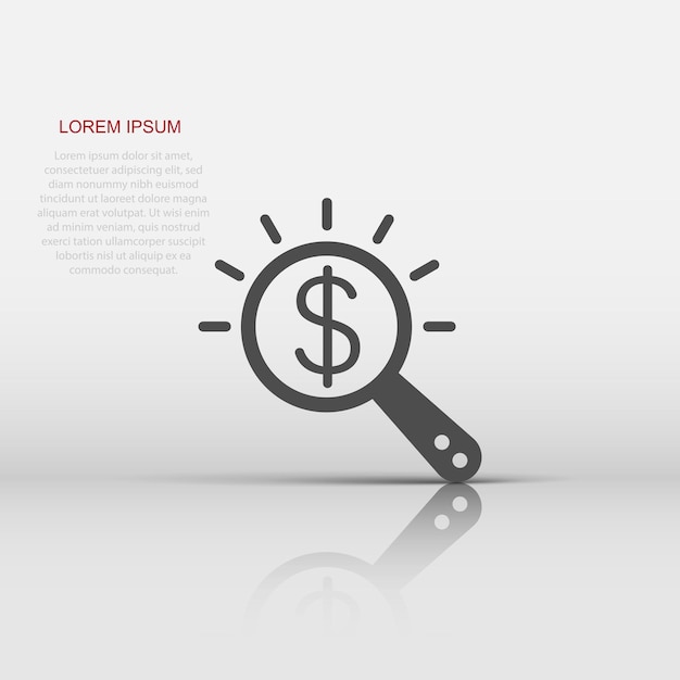 Magnifier glass with money icon in flat style Dollar search vector illustration on white isolated background Financial currency business concept