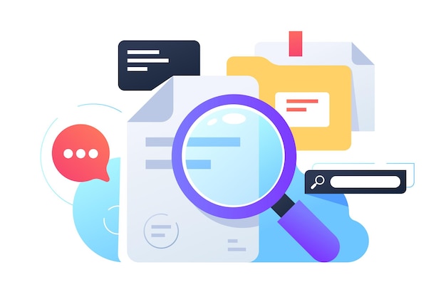 Magnifier searching infortmation using documents and internet. Isolated concept equipment for collection data using web service, folders and online.