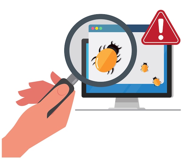 Vector magnifier searching malware bug computer internet error virus concept stock illustration