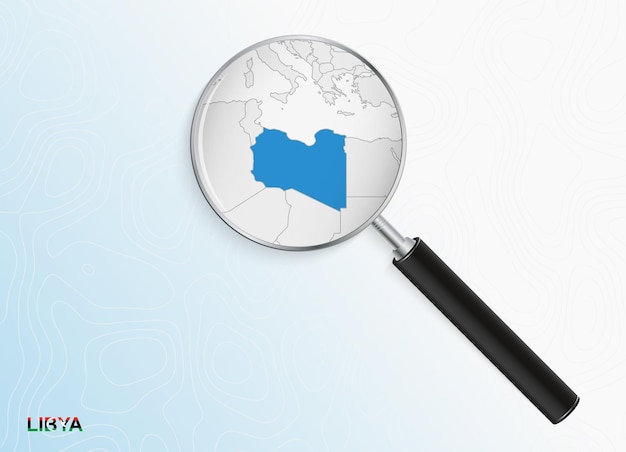 Magnifier with map of Libya on abstract topographic background