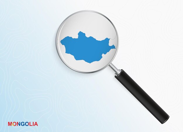 Magnifier with map of Mongolia on abstract topographic background.