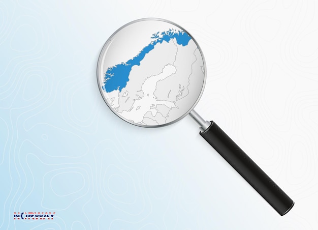 Magnifier with map of Norway on abstract topographic background.