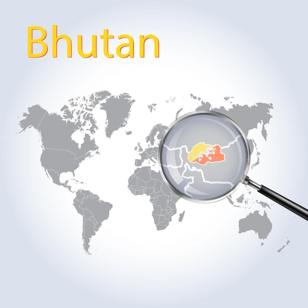 A Magnifying Glass on Bhutan of the World Map Zoom Bhutan map gradient background and Bhutan Flag