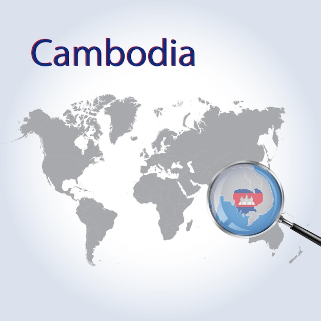 A Magnifying Glass on Cambodia of the World Map Zoom Cambodia map gradient background Flag