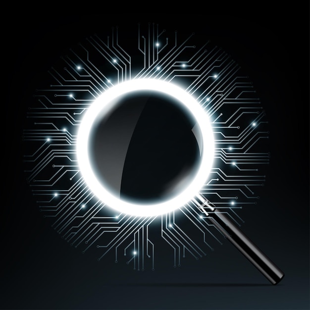 Magnifying glass on circuit board ring with scan search concept