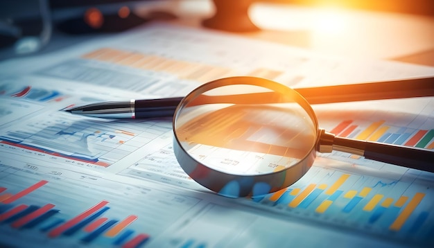 Vector magnifying glass focusing on business charts and graphs representing financial analysis research and data examination