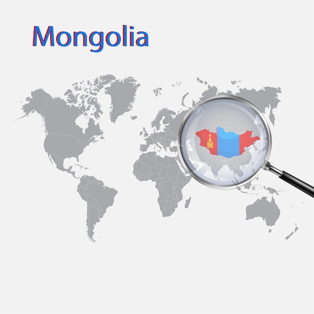 A Magnifying Glass on Mongolia of the World Map Zoom Mongolia map with gradient background and Flag