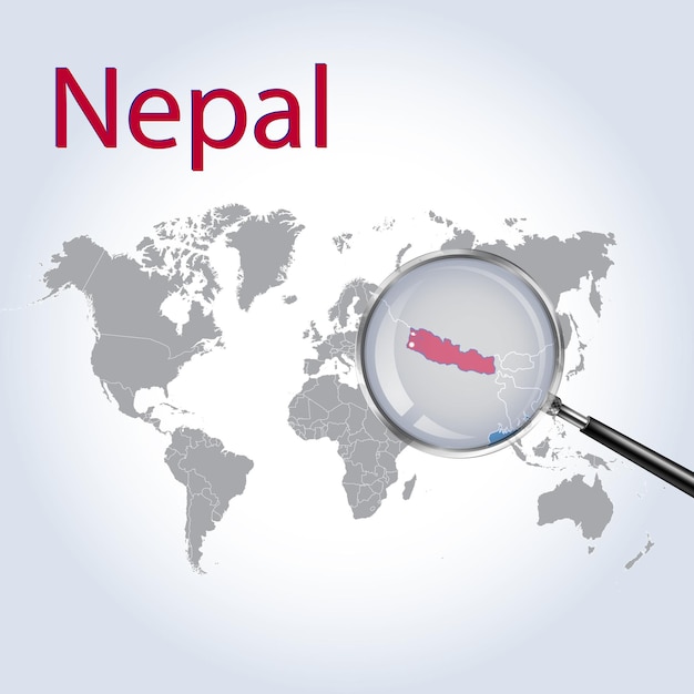 A Magnifying Glass on Nepal of the World Map Zoom Nepal map with gradient background and Nepal Flag