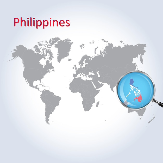 A Magnifying Glass on the Philippines of the World Map Zoom Philippines map with Philippines Flag