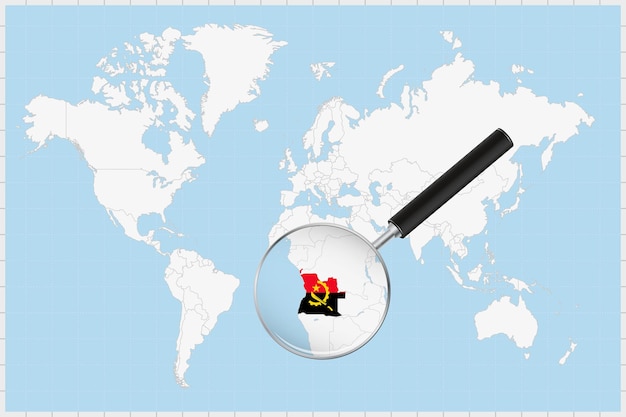 Magnifying glass showing a map of Angola on a world map