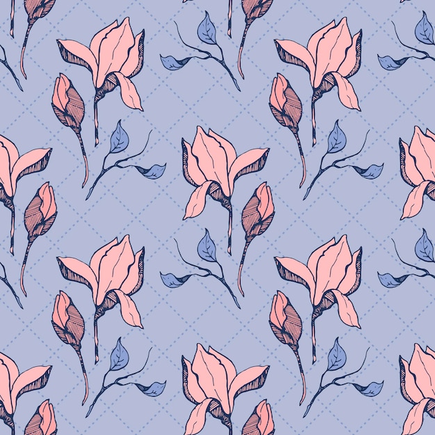 Magnolia flower rose skecth with leaf Hand drawn pattern illustration