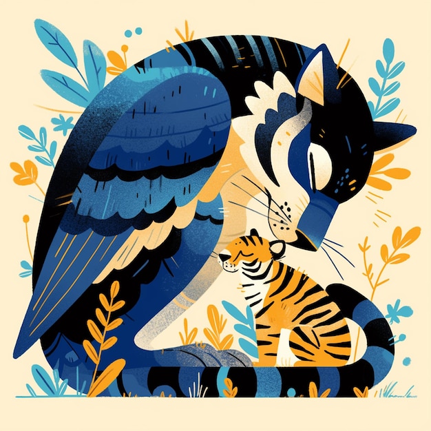 Vector magpies and tigers in folk art