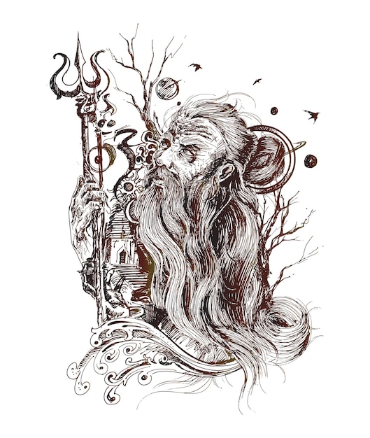 Maha Shivratri - Happy Nag Panchami  Lord shiva - Poster, Hand Drawn Sketch Vector illustration.