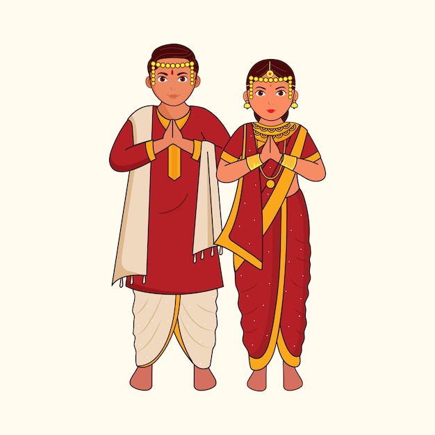 Maharashtrian Young Couple Wearing Wedding Dress In Namaste Pose Against Cosmic Latte Background