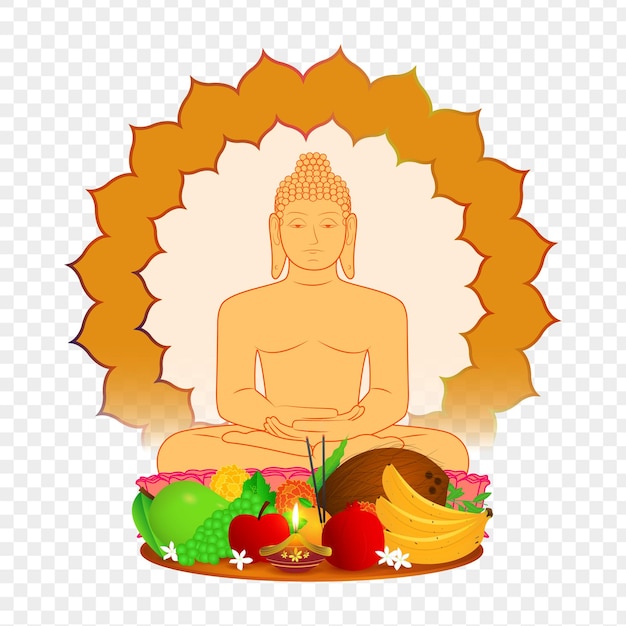 Mahavir sitting statue with fruits plate on transparent background