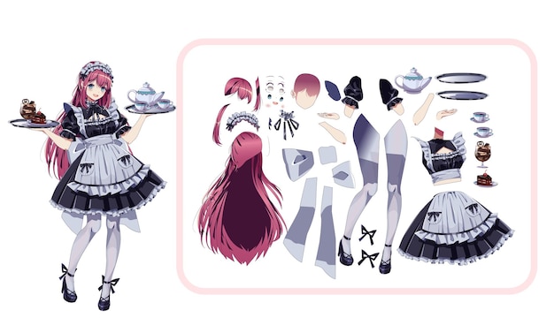 Maid cafe girl by dress parts color vector character for animation