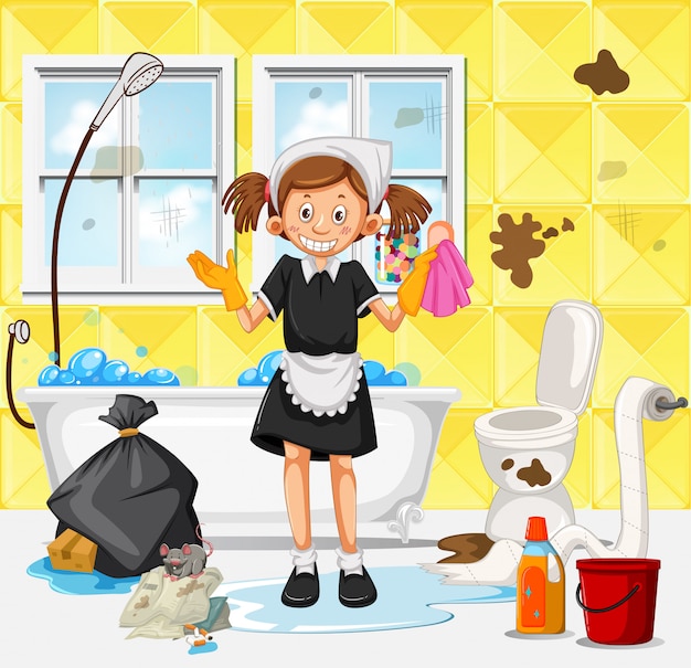 A Maid Cleaning Dirty Bathroom