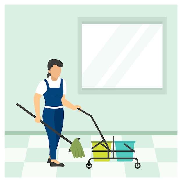 Maid Cleaning The Floor With Mop In Office Concept vector design