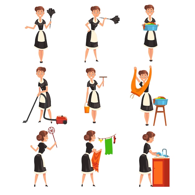 Vector maid posing in different situations set housemaid character wearing classic uniform with black dress and white apron cleaning service vector illustration isolated on a white background